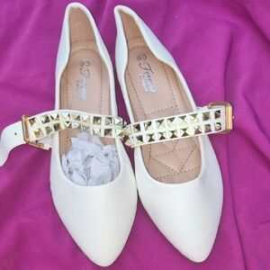 Forever Link Cream Pointed-Toe Flats with Gold Studded Strap